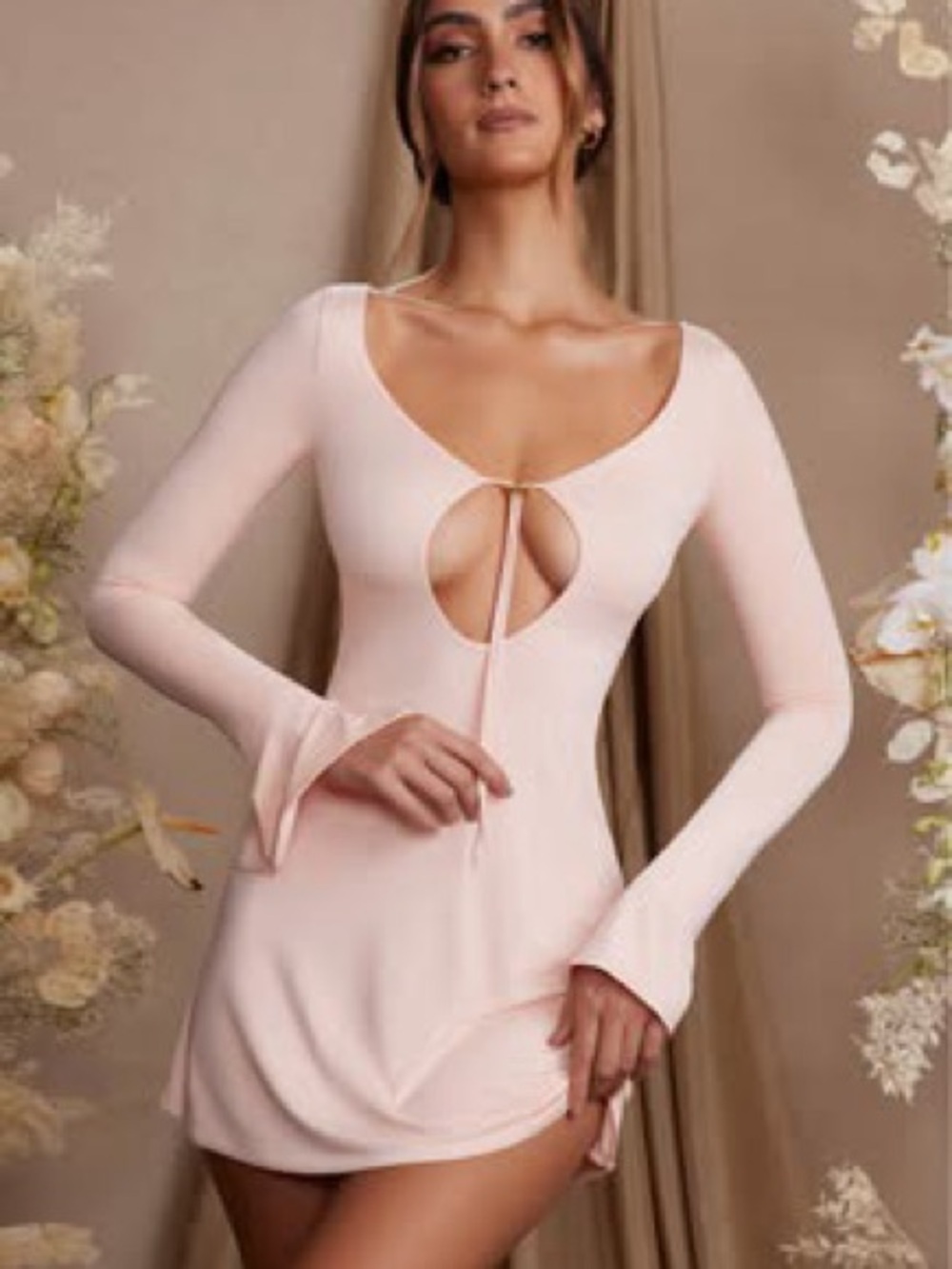 Oh Polly Light Pink Long Sleeve Mini Dress with Cutout